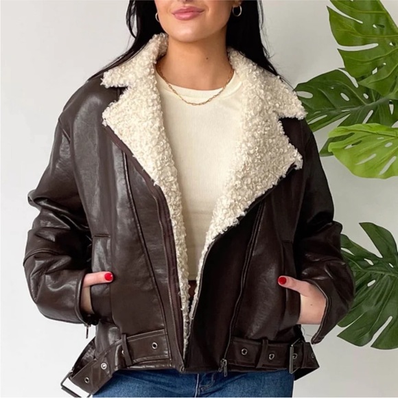 Grey Bandit City Street Jacket Brown Faux Leather with Cream Shearling Collar M - Picture 1 of 10